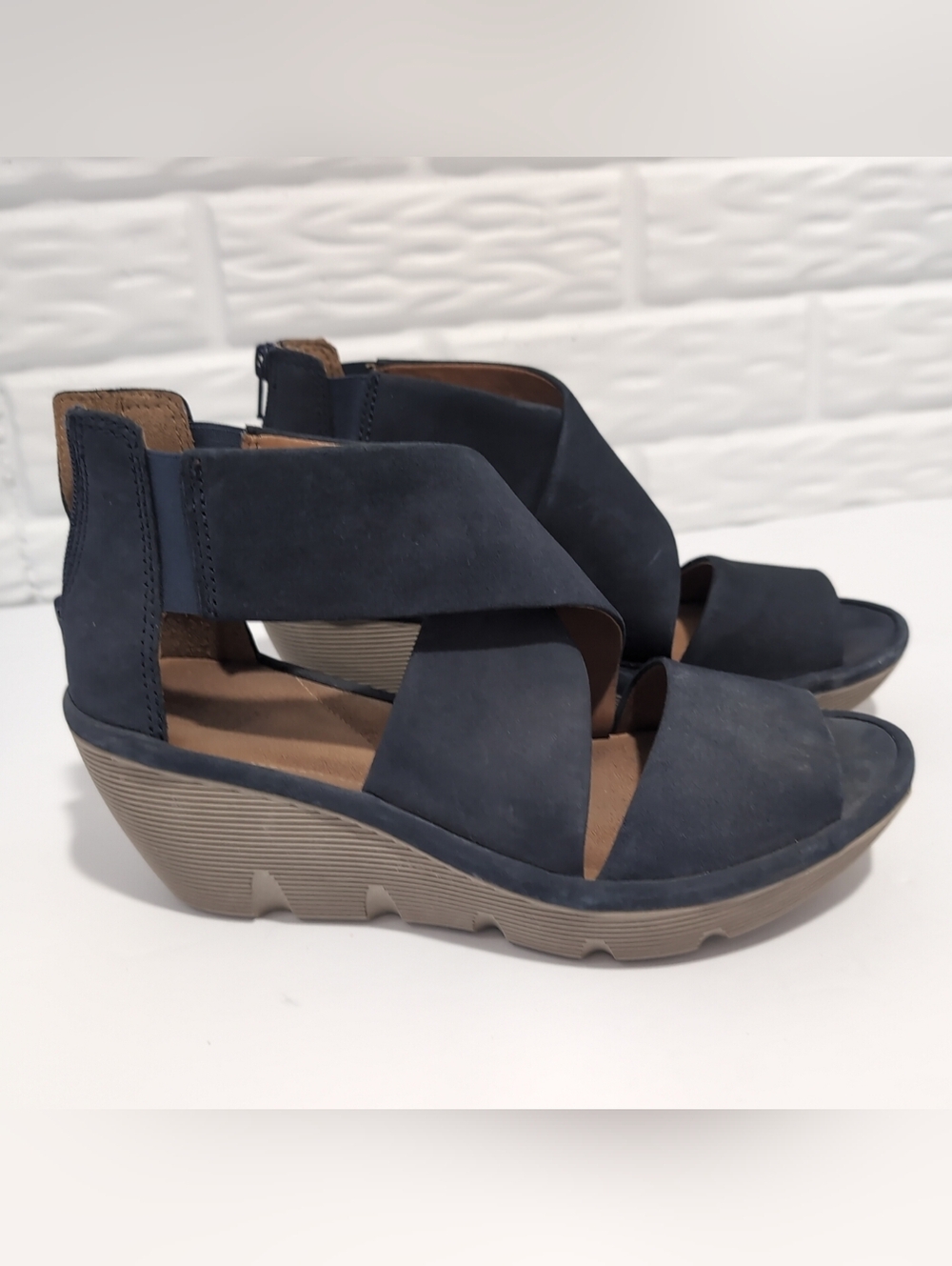 Clark's Artisan Clarene Glamor Navy Wedge Sandals - Comfort Strappy Platform